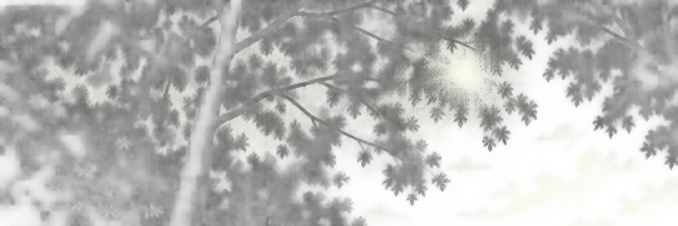 Dappled sunlight through a leafy tree canopy in dithered pixels