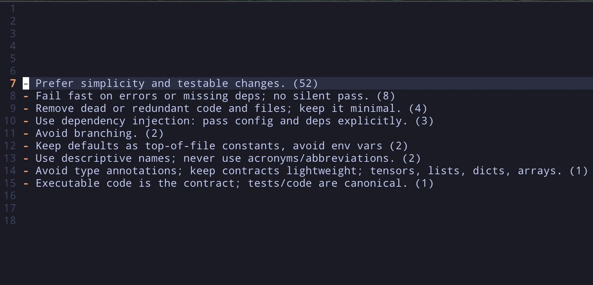 Terminal editor showing a short list of agent rules