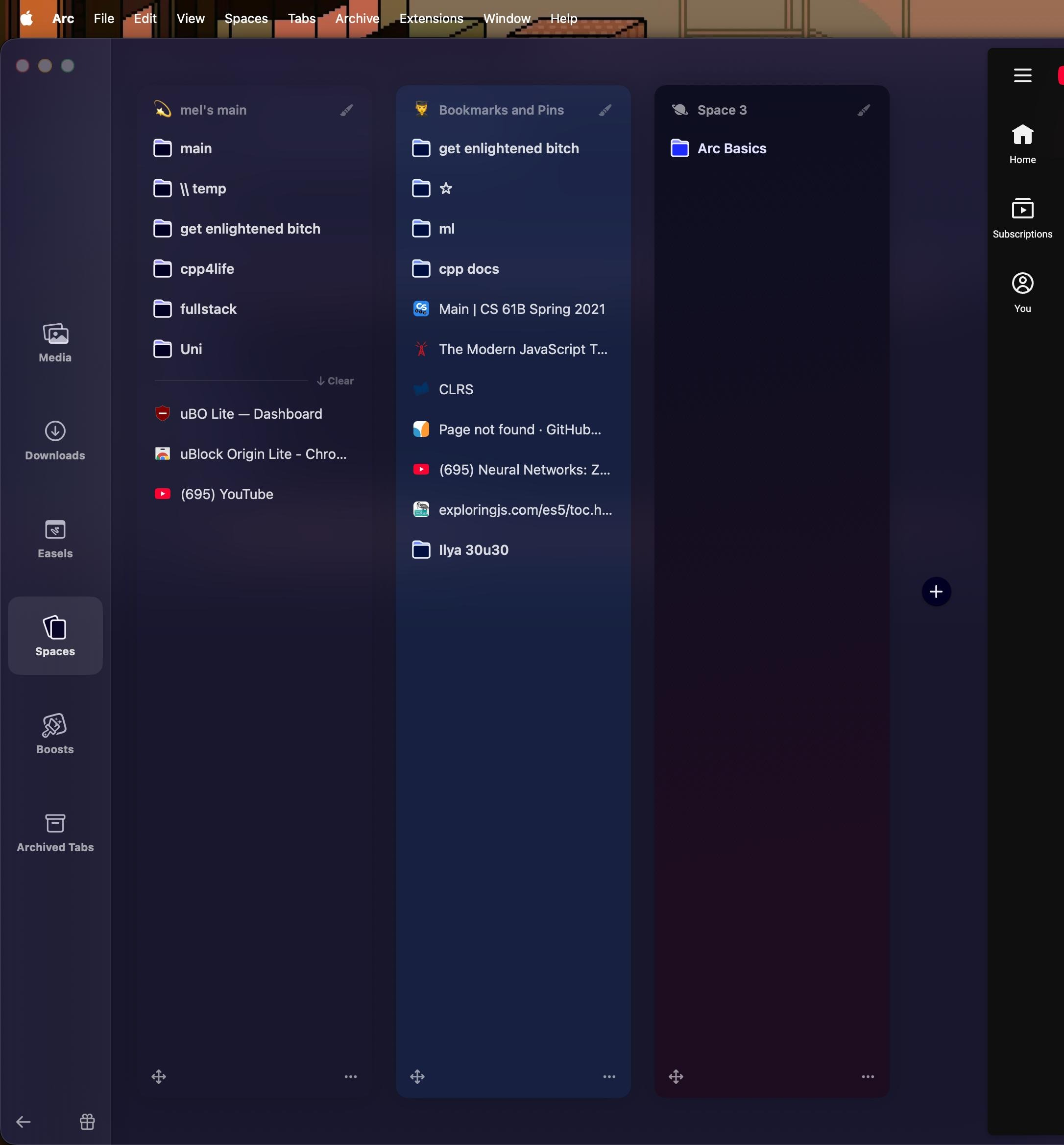Arc browser spaces interface with columns of tabs