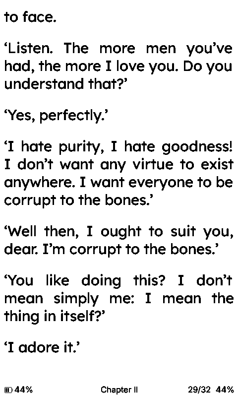 E-reader page containing a dialogue about being corrupt to the bones