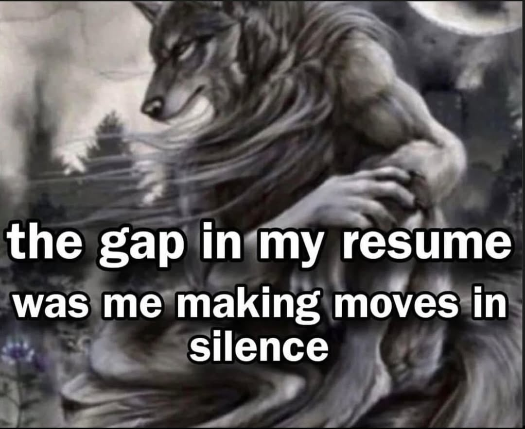 A wolf image captioned about making moves in silence
