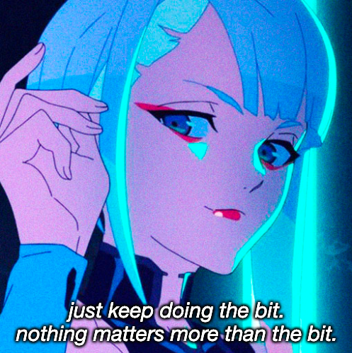 Neon anime portrait with a quote about continuing the bit