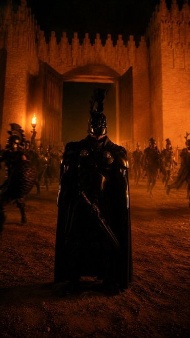Armored knight standing before a torchlit gate
