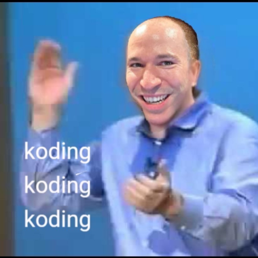 Smiling person waving beside repeated coding text