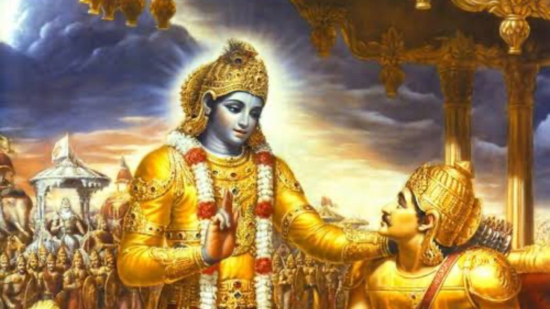 Krishna speaking with Arjuna beneath a dramatic sky