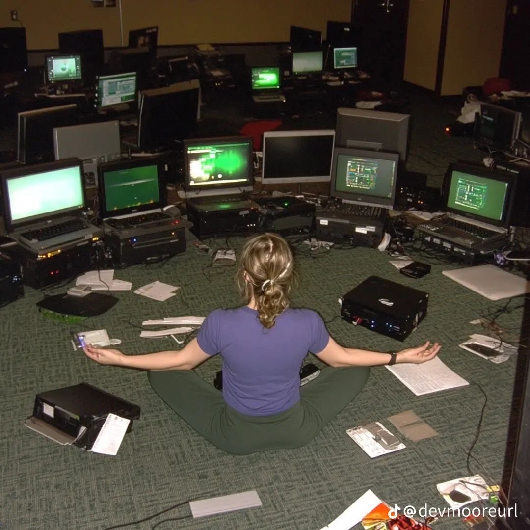 Person meditating in a room filled with laptops