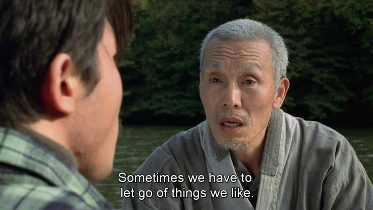 Older man speaking beside a quote about letting go of things we like