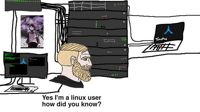A hand-drawn server scene saying yes, I’m a Linux user