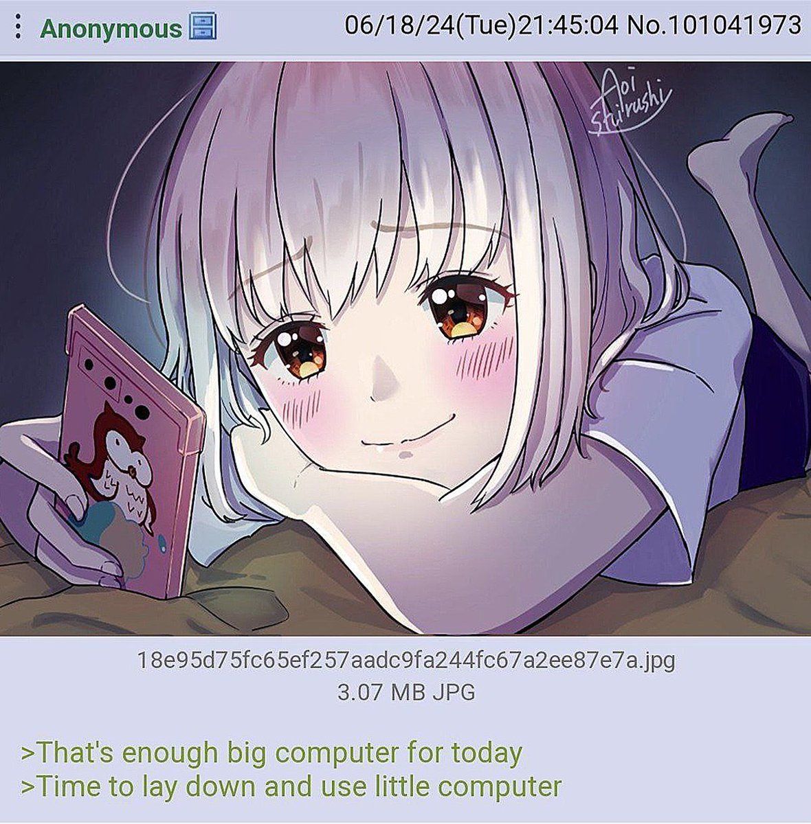 An anime image with a message about using the little computer