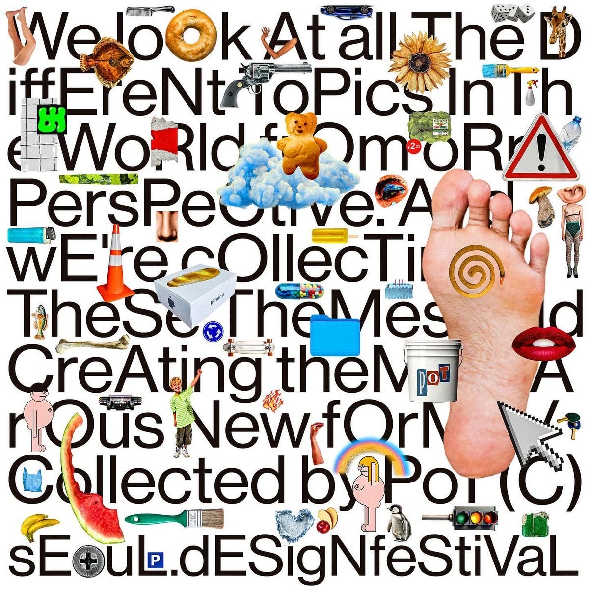 A typographic collage of different objects collected from around the world