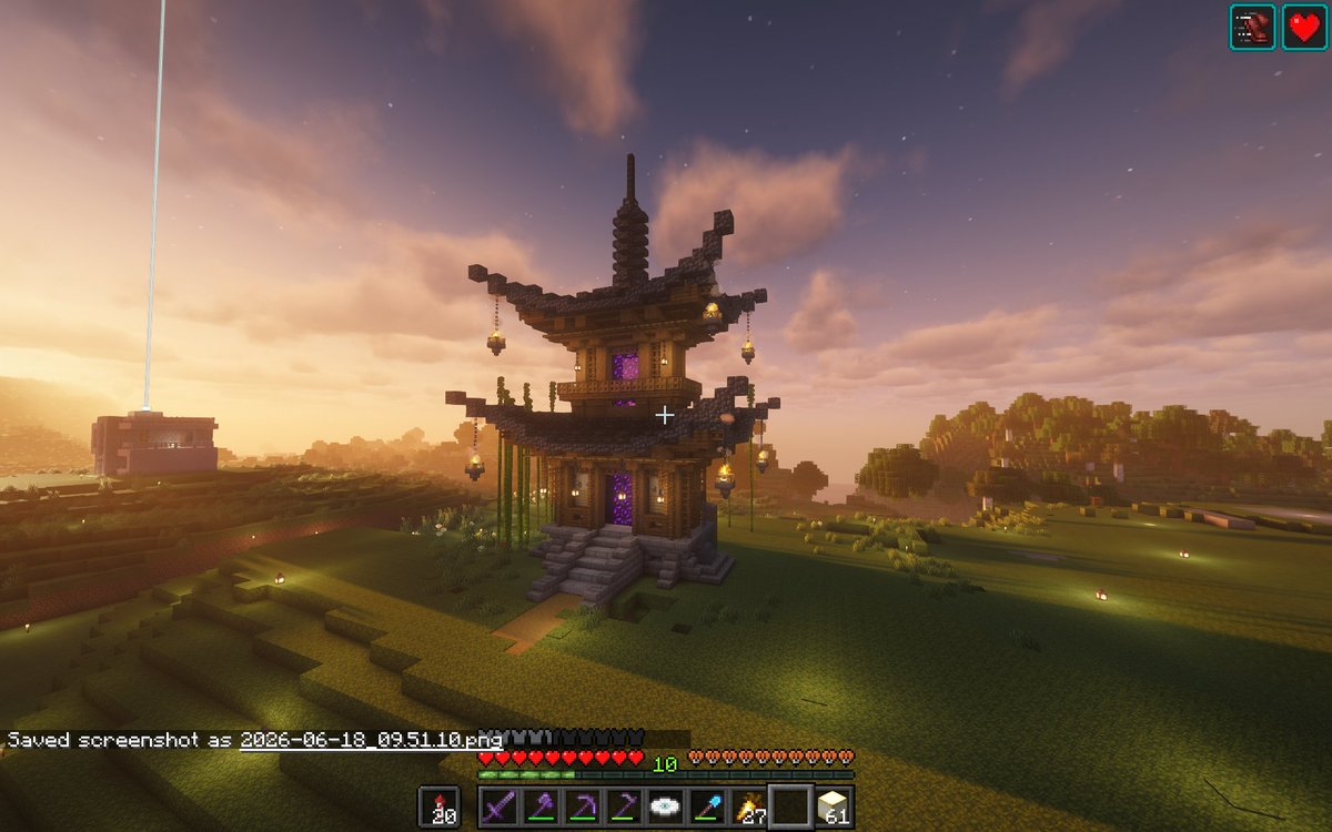 Minecraft wizard house at sunset