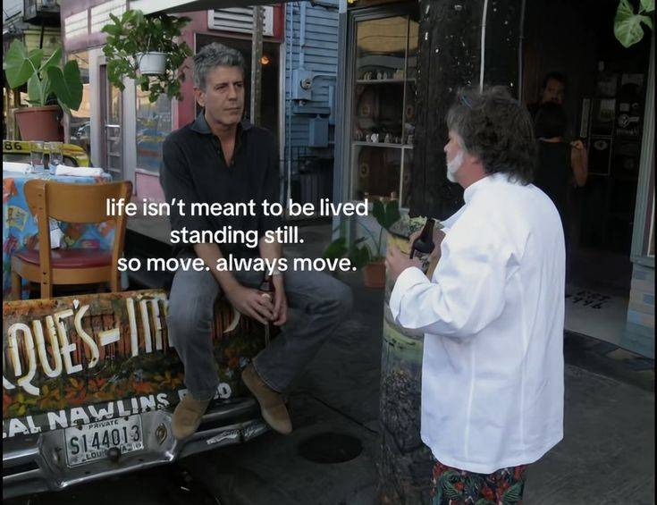 Two people talking outside with a quote about moving always
