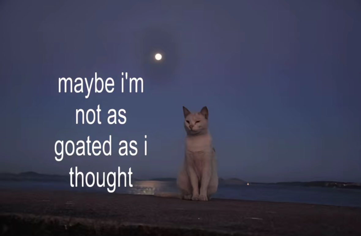 A lonely cat beneath text about not being as goated as expected