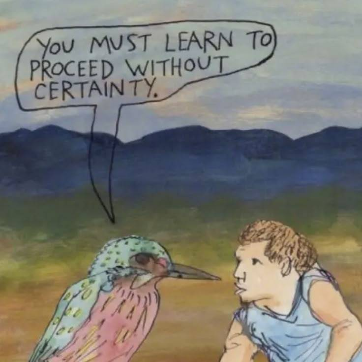 Illustration saying you must learn to proceed without certainty