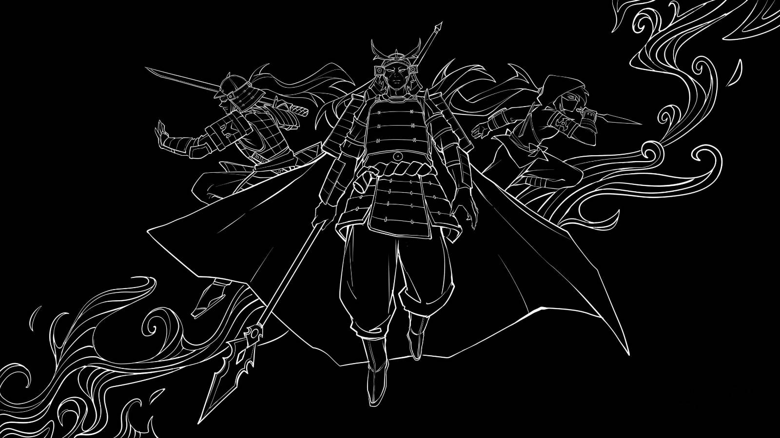 White line drawing of three samurai against black