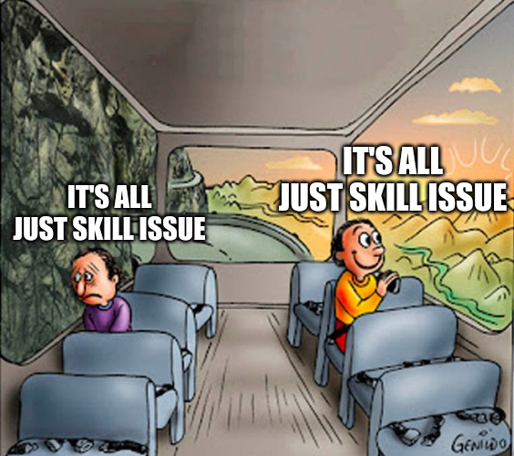 Cartoon train meme about a skill issue
