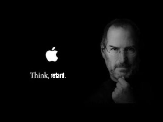 A dark Steve Jobs parody image with an Apple logo and a quote