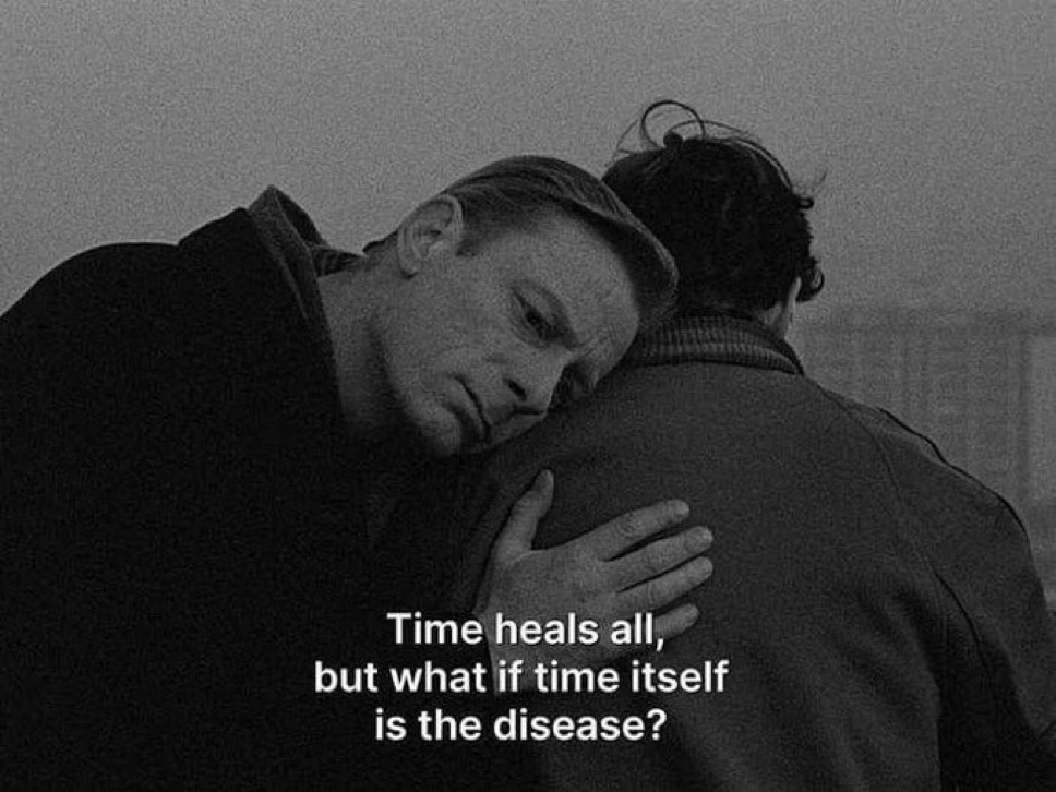 Black-and-white film still about time healing all