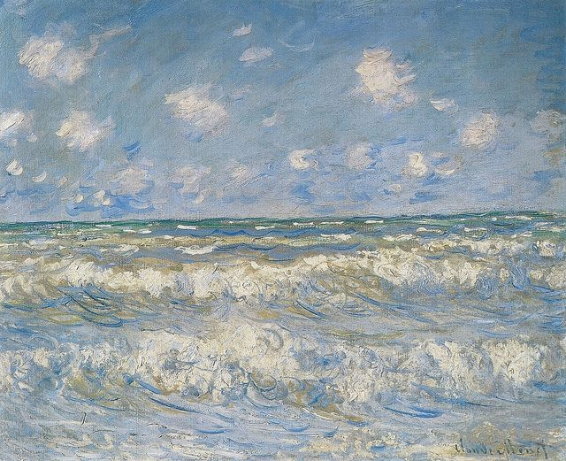 A blue seascape painting of white-capped waves beneath a cloud-filled sky.