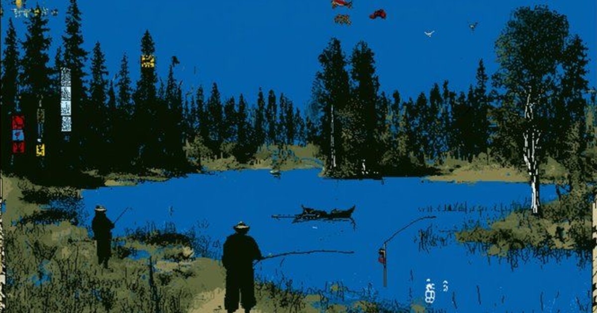 Two people fishing beside an electric-blue lake in a strange retro computer world.